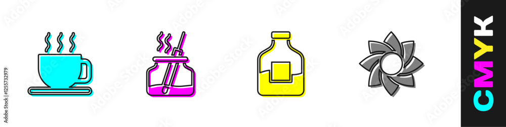 Set Cup of tea, Aroma diffuser, Bottle vodka and Flower icon. Vector Set Cup of tea, Aroma diffuser, Bottle vodka and Flower icon. Vector