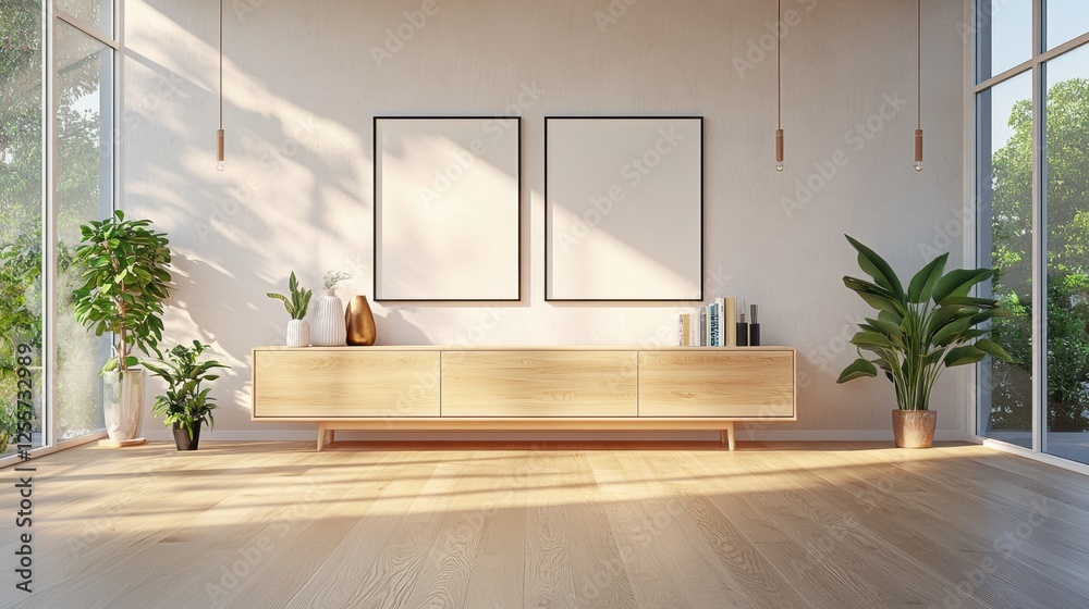 Spacious Minimalist Interior Design Featuring Wooden Furniture and Large Windows with Greenery Spacious Minimalist Interior Design Featuring Wooden Furniture and Large Windows with Greenery