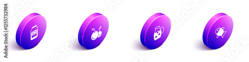 Set Isometric Jam jar, Fruit, Jug glass with water and Fish icon. Vector
