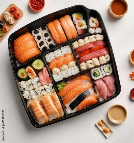 Sushi bento box with multiple compartments, labeled Black Friday Specials, festive and delicious, on a white background, black friday specials, gift box, compartmentalized photo