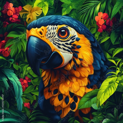 A Majestic Golden-Collared Macaw Nestled Amongst Lush Tropical Foliage, a Vibrant Display of Nature's Beauty.