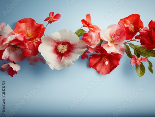 Realistic Cascading Blossoms in Beautiful Arrangement on Soft Blue Background