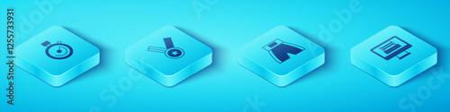 Set Isometric Stopwatch, Medal, Boxing ring and short icon. Vector