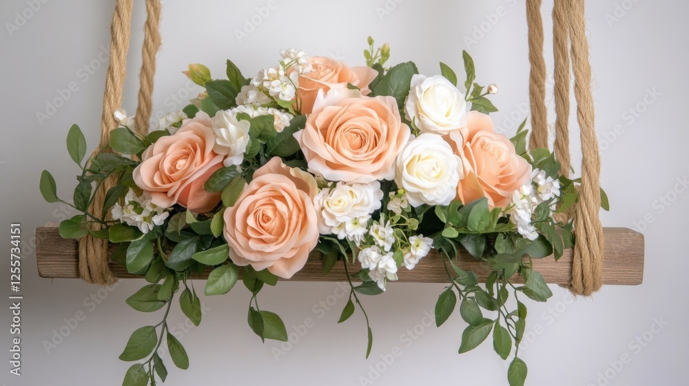 Obraz premium A bridal rose bouquet in shades of peach and ivory, placed on a wooden swing decorated with vines and flowers.