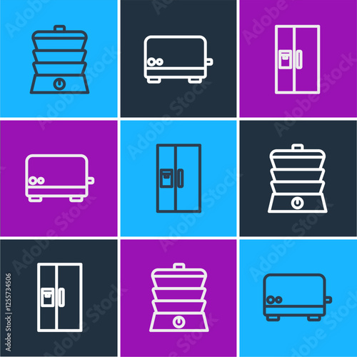 Set line Slow cooker, Refrigerator and Toaster icon. Vector