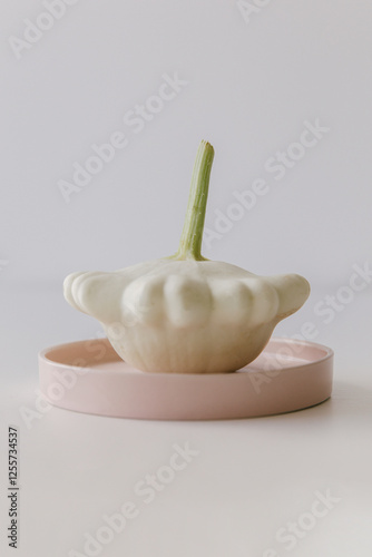 White pattison pumpkin on a pink plate.