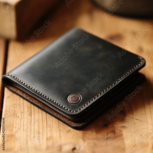 A wallet sitting on a wooden surface, potentially containing valuables photo