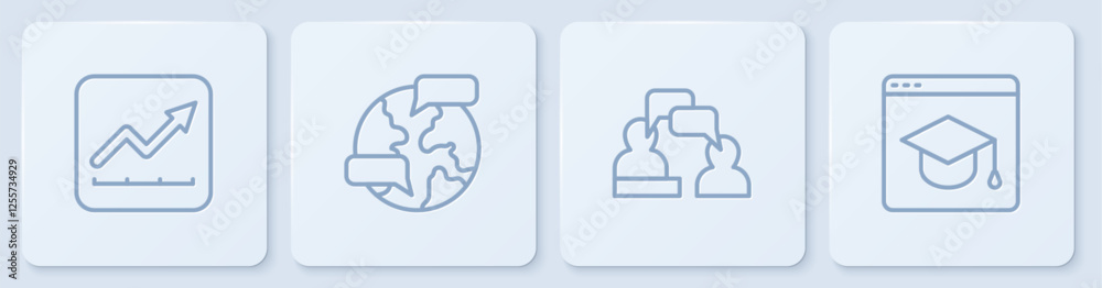 Set line Financial growth increase, Two sitting men talking, Worldwide and Online education. White square button. Vector Set line Financial growth increase, Two sitting men talking, Worldwide and Online education. White square button. Vector