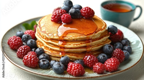 Fluffy pancakes topped with syrup, blueberries, and raspberries served with a cup of tea on a rustic table photo