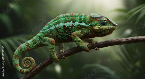 Green Chameleon on Branch in Jungle