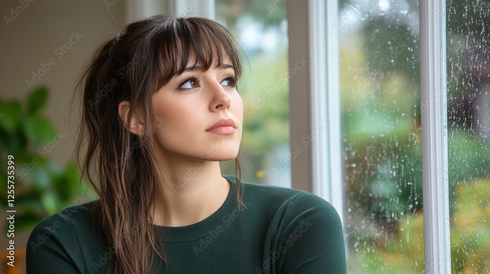 Close up of a young woman looking thoughtfully out of a window with rain drops on the glass, indoor shot, dark green textured sweater, brown hair Close up of a young woman looking thoughtfully out of a window with rain drops on the glass, indoor shot, dark green textured sweater, brown hair