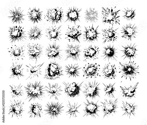 Detonation bursts explosion black ink vector collection. Explosive ant destruction smoke surge marks, shockwave outburst ammunition conflict rockets projectiles bombs dynamite isolated blasts