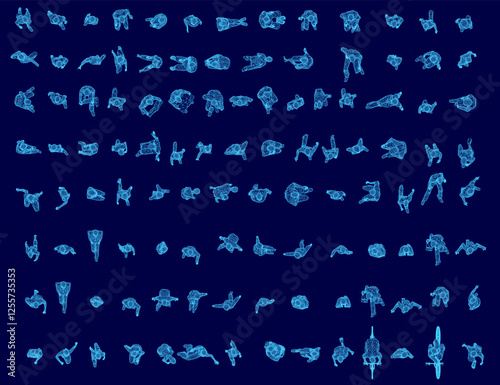 A blue background with a large number of people in various poses. The people are all different sizes and shapes, and some are standing while others are sitting. Scene is one of diversity. Top view