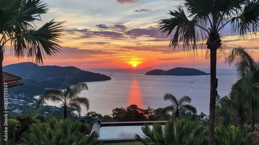 Obraz premium sunset scene in Phuket, with the sun descending over the Andaman Sea, creating vibrant colors across the sky. Palm trees frame the view, adding to the tropical serenity of the moment.