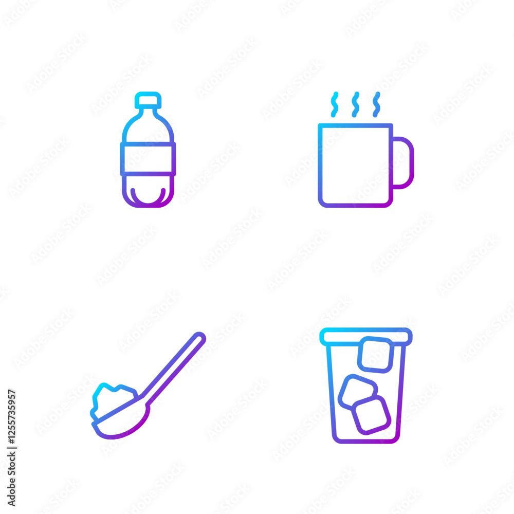Set line Ice tea, Spoon with sugar, Bottle of water and Cup. Gradient color icons. Vector Set line Ice tea, Spoon with sugar, Bottle of water and Cup. Gradient color icons. Vector