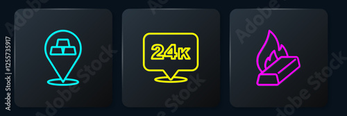 Set line Gold bars, Molten gold being poured and 24k. Black square button. Vector