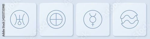 Set line Symbol Uranus, Mercury, Earth globe and Planet. White square button. Vector
