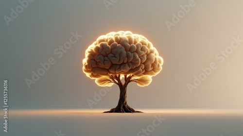 Glowing Brain Tree: A 3D Render of a Tree with a Brain-Shaped Crown Illuminated from Within