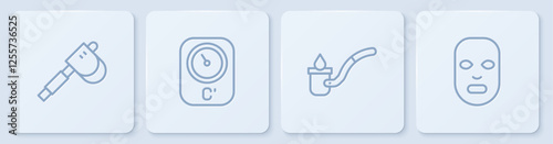 Set line Wooden axe, Sauna ladle, thermometer and Facial cosmetic mask. White square button. Vector