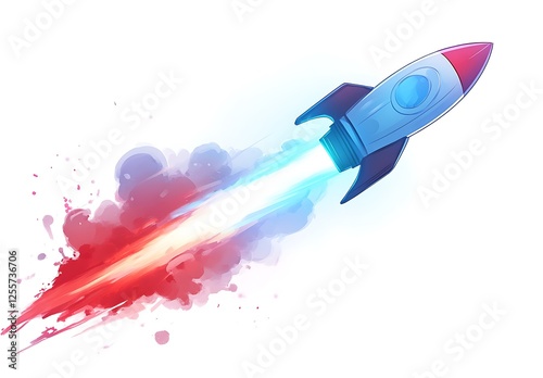 Blast Off!: A vibrant rocket ship soars through the cosmos, leaving a trail of fiery red and blue smoke.