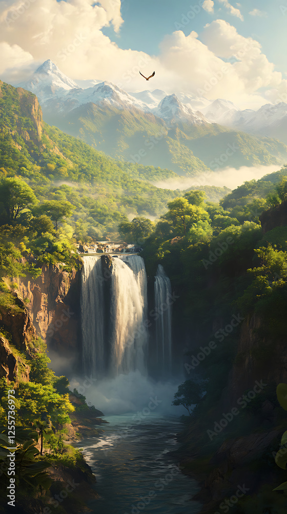 Naklejka premium Waterfall in Mountainous Tropical Valley