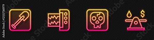 Set line Archeology, Shovel, Seismograph and Oil money. Glowing neon icon. Vector
