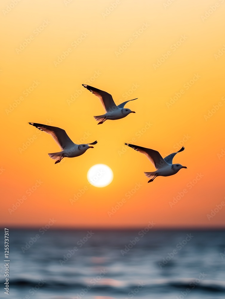 Fototapeta premium Graceful seagulls soaring in a flock against a vibrant golden sunset over the peaceful tranquil ocean landscape The birds silhouettes create a dramatic