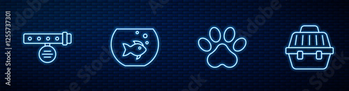 Set line Paw print, Collar with name tag, Aquarium fish and Pet carry case. Glowing neon icon on brick wall. Vector