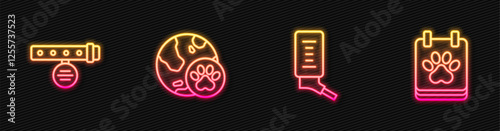 Set line Drinker for small pets, Collar with name tag, World and Calendar grooming. Glowing neon icon. Vector