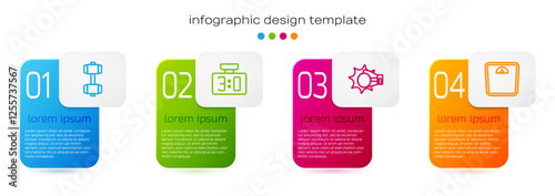 Set line Dumbbell, Sport mechanical scoreboard, Punch in boxing glove and Bathroom scales. Business infographic template. Vector