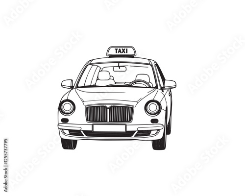 5.	Line art illustration of a taxi, strong hard light, layered papier-mâché texture, black and white, sculpted look, harsh shadows, clear background, easy to color, Vector.