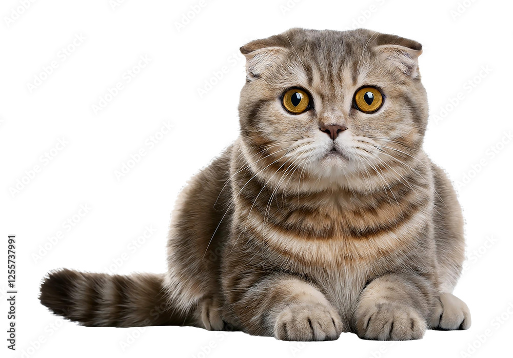 Scottish Fold cat with a flat facial expression and thin fur Scottish Fold cat with a flat facial expression and thin fur