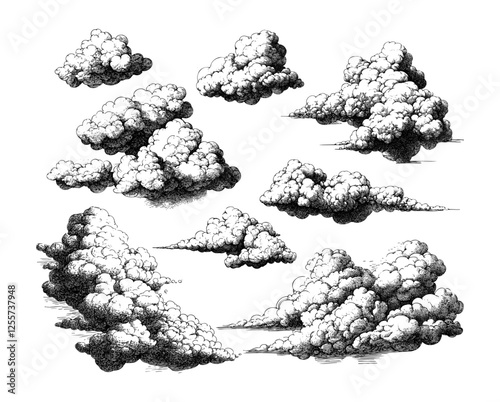 Engraving etched clouds vector set. Airy vapor mists fogs puffy stratus floating atmosphere steam cloud formation wisps haze cumulus, curved celestial cirrus isolated illustration on white