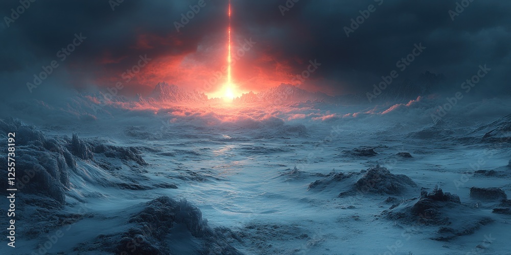 Fototapeta premium Alien Planet: Frozen Wasteland with fiery beam