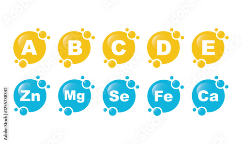 Vitamin B1, B, C, A, D, E, Ca, Zn, Mg, Se, Fe, Ca, vector. Set of Multi Vitamin, complex icons.