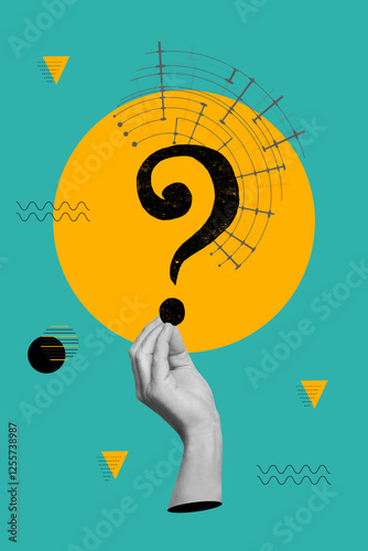 Collage of a hand holding a question mark on a yellow circle on a turquoise background