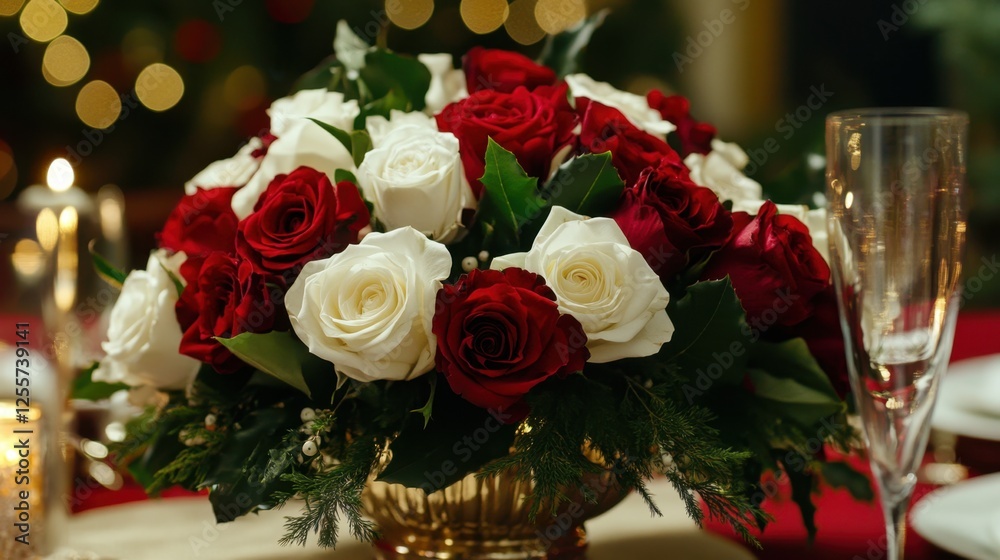 A close-up of a festive table setting with red and white roses arranged in a stunning centerpiece, accented by greenery. A close-up of a festive table setting with red and white roses arranged in a stunning centerpiece, accented by greenery.