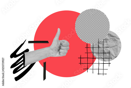 Collage of a hand with the thumb up on a red circle with gray circles on a white background