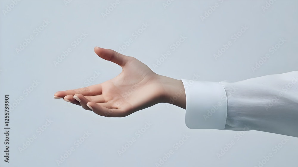 Minimalist studio shot of a woman's hand with a light beige manicure, wearing white dressshirt, against a light gray background. symbolizing elegance, simplicity, minimalism and modern sophistication Minimalist studio shot of a woman's hand with a light beige manicure, wearing white dressshirt, against a light gray background. symbolizing elegance, simplicity, minimalism and modern sophistication