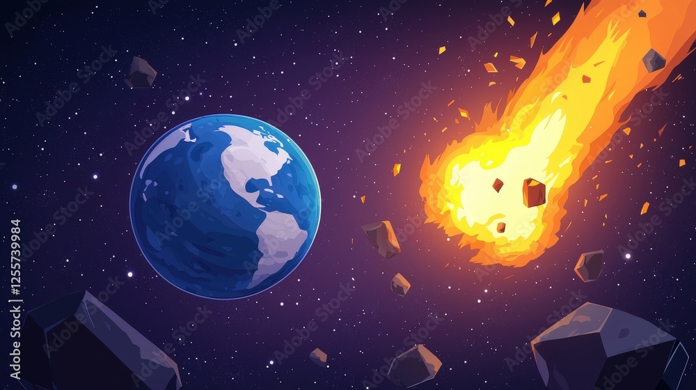 Naklejka premium Cartoon illustration of a planet exploding with earth elements and space background in vector style