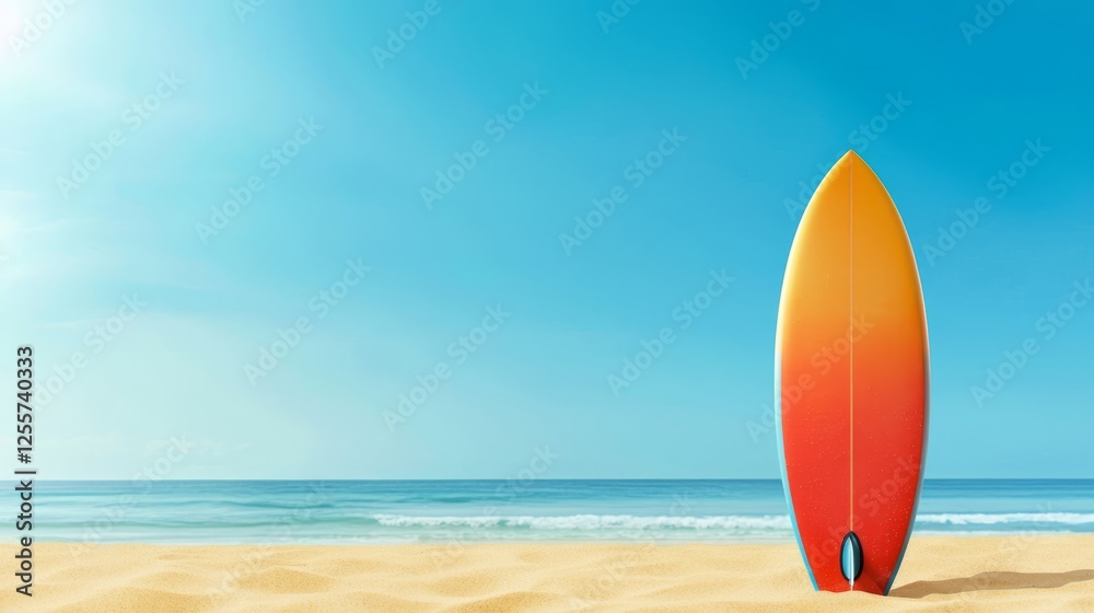 Surf up lone surfboard awaits the perfect wave on pristine sandy beach embark on summer adventure