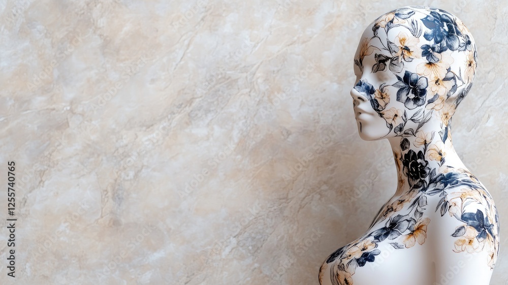 Obraz premium Mannequin with floral pattern against marble background, concept of art