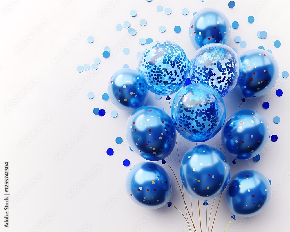 Cluster of blue balloons with confetti on a white background, designed as a birthday party banner with space for text. Photorealistic style.