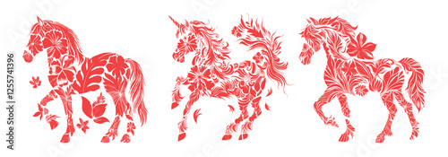 Floral horses silhouette color ink vector set. Unicorns hoofed mane equine tail flowers leaves pattern elegant ornate mythical fantasy creatures, isolated on white background