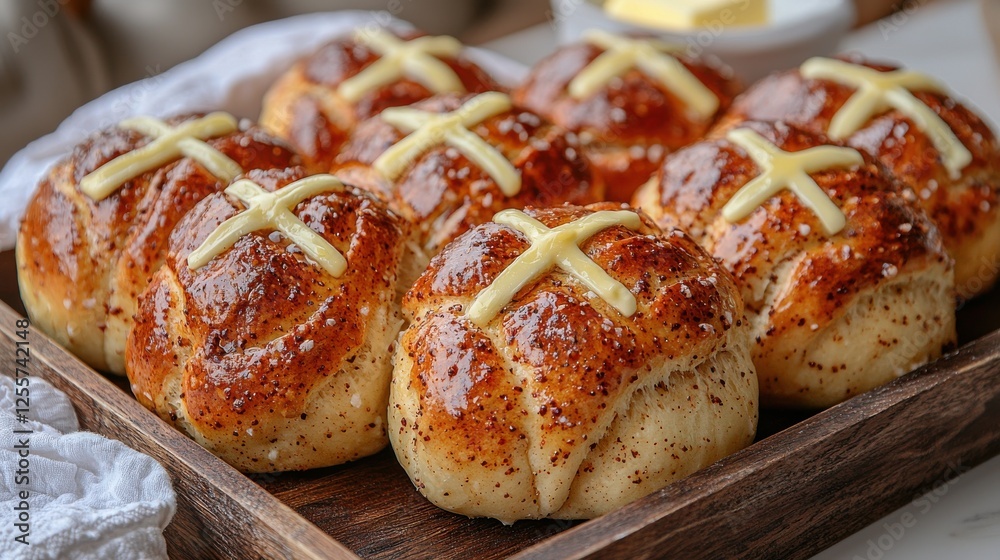 Freshly baked hot cross buns on a wooden tray with melting butter ready for Easter celebrations Freshly baked hot cross buns on a wooden tray with melting butter ready for Easter celebrations