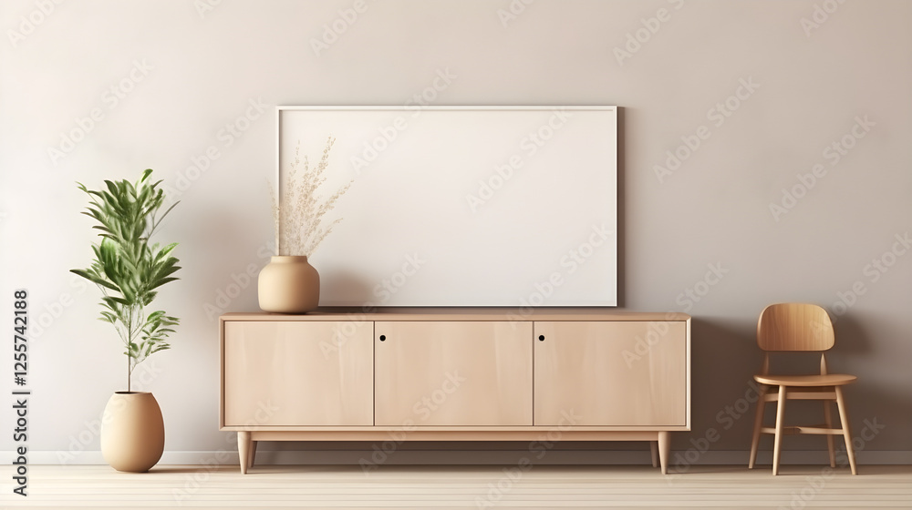 Obraz premium Minimalist Living Room Interior Design Wooden Cabinet Chair Plant and Blank Canvas