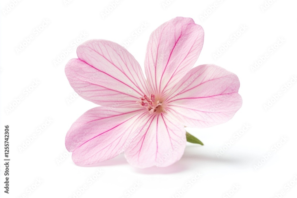 A single pink flower sitting on a white surface
