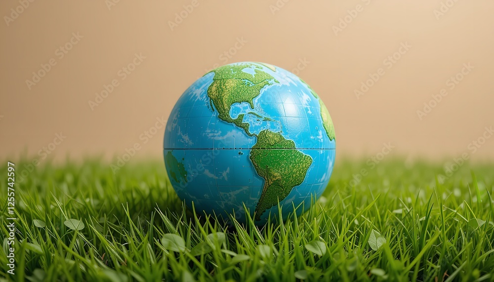 Small Globe Resting on Lush Green Grass Sustainable Planet Earth Ecology Concept Environmental Protection World Map Geography Nature Scene Global     