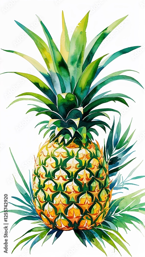 Obraz premium Pineapple with Green Leaves watercolor in Tropical Botanical on plain white background
