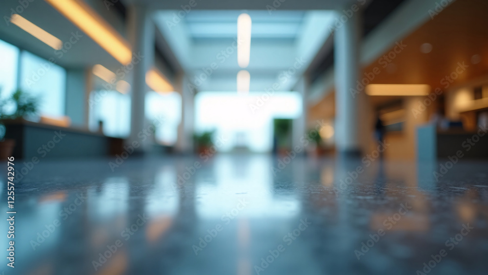 custom made wallpaper toronto digitalBlurred shot of a modern building interior. The building is a hall with a shiny floor, skylights, and potted plants.